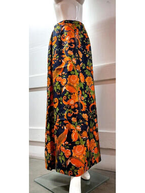 Vintage Raw Silk Thai Bohemian Maxi Skirt Orange Peacocks Birds Black Size S 26